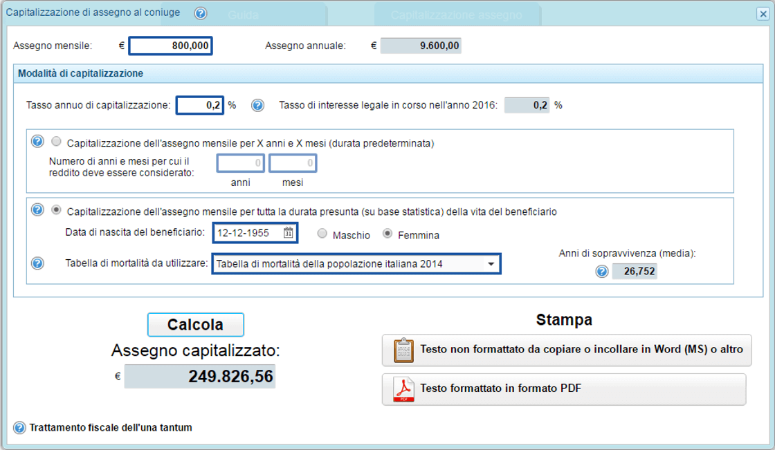 La capitalizzazione dell' assegno