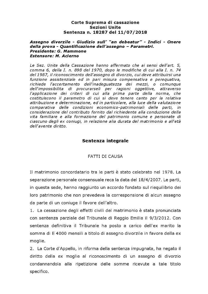 Sezioni Unite Sentenza 11 luglio 2018 n. 18287 su assegno di divorzio